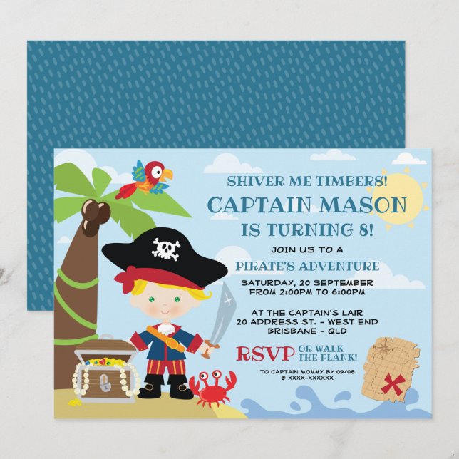 Invitations d'anniversaire de la fête du pirate (Devant / Derrière)
