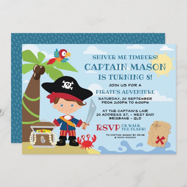 Invitations d'anniversaire de la fête du pirate (Devant / Derrière)