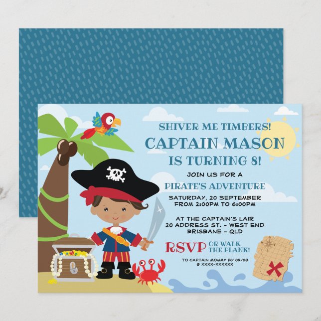 Invitations d'anniversaire de la fête du pirate (Devant / Derrière)
