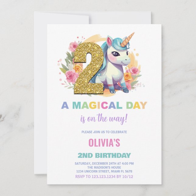 Invitations d'anniversaire de la licorne du 2e ann (Devant)