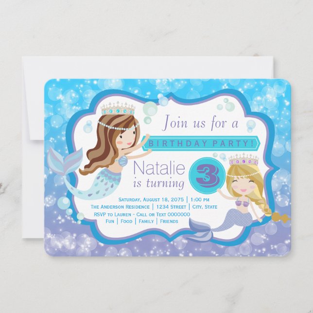 Invitations d'anniversaire de la mignonne sirène (Devant)