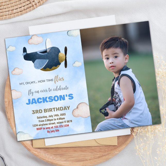 Invitations d'anniversaire de l'avion avec photo (Airplane Birthday Invitations with photo)