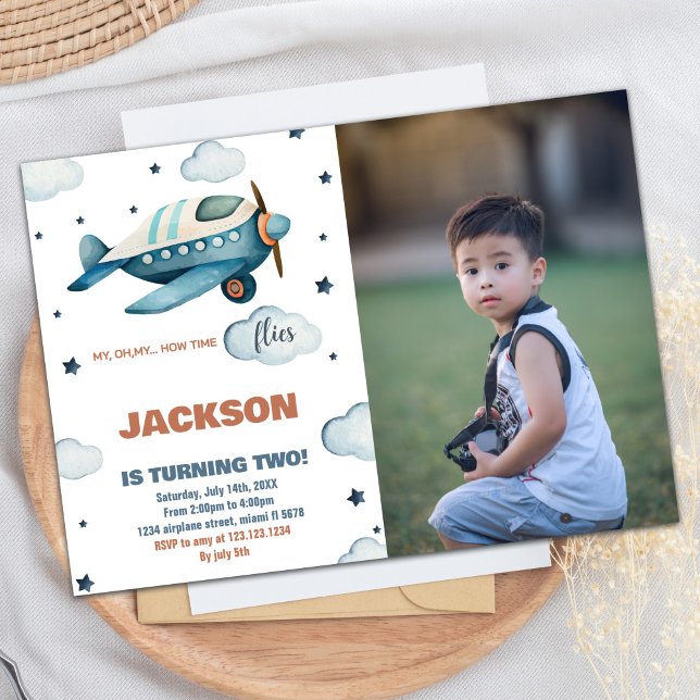 Invitations d'anniversaire de l'avion bleu avec ph (Airplane Birthday Invitations Blue With Photo)