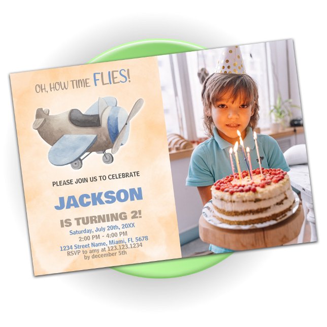 Invitations d'anniversaire de l'avion Brown Gris a (Airplane Birthday Invitations Brown Gray w photo)