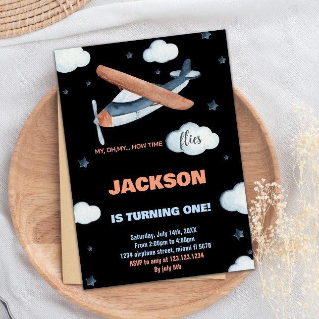 Invitations d'anniversaire de l'avion gris orange  (Airplane Birthday Invitations Gray Orange Black)