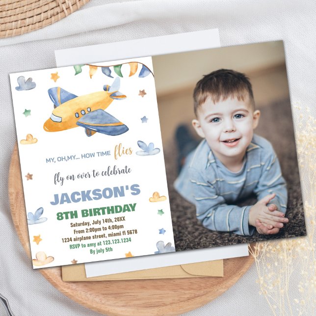 Invitations d'anniversaire de l'avion Jaune Gris W (Airplane Birthday Invitations Yellow Gray W Photo)