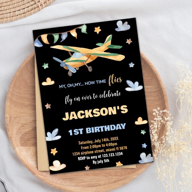 Invitations d'anniversaire de l'avion Jaune Vert N (Airplane Birthday Invitations Yellow Green Black)