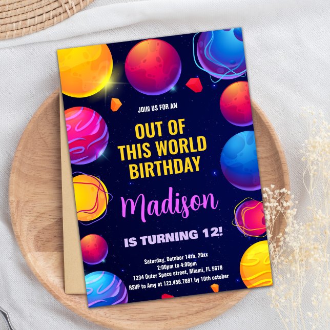 Invitations d'anniversaire de l'espace extra-atmos (Pink Purple Outer Space Birthday Invitations)