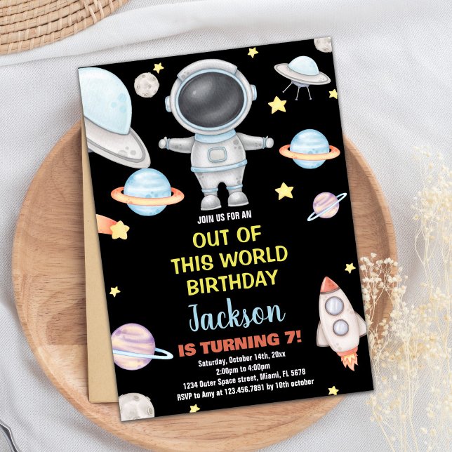 Invitations d'anniversaire de l'espace extra-atmos (Yellow Black Outer Space Birthday Invitations)