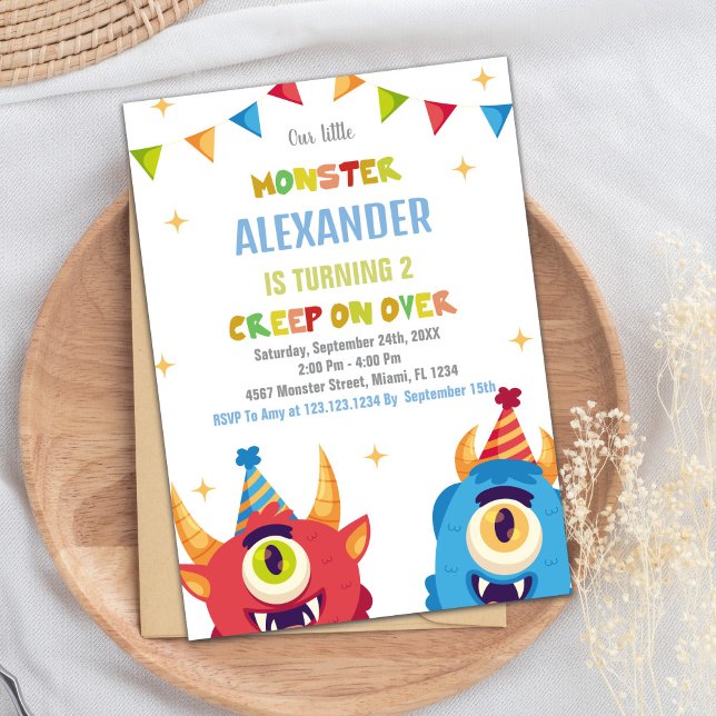 Invitations d'anniversaire de Monster drapeaux cou (Monster Birthday Invitations Colour Flags)
