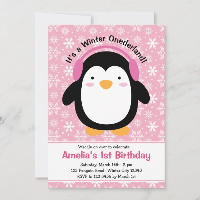 Invitations d'anniversaire de Pingouin (Pink for G (Devant)