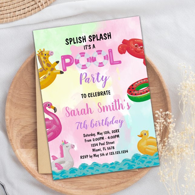 Invitations d'anniversaire de piscine rose (Pink Pool Birthday Invitations)