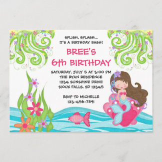 Invitations d'anniversaire de sirène de brune