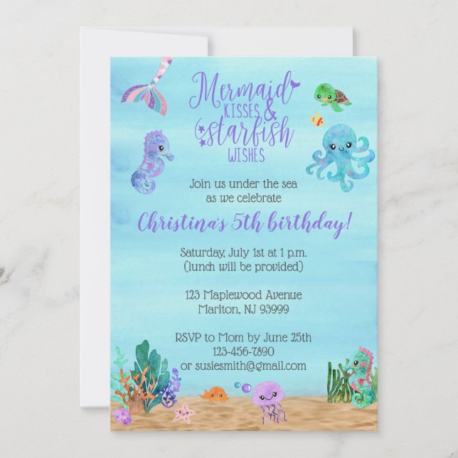 Invitations d'anniversaire de sirène pour les fill (Devant)