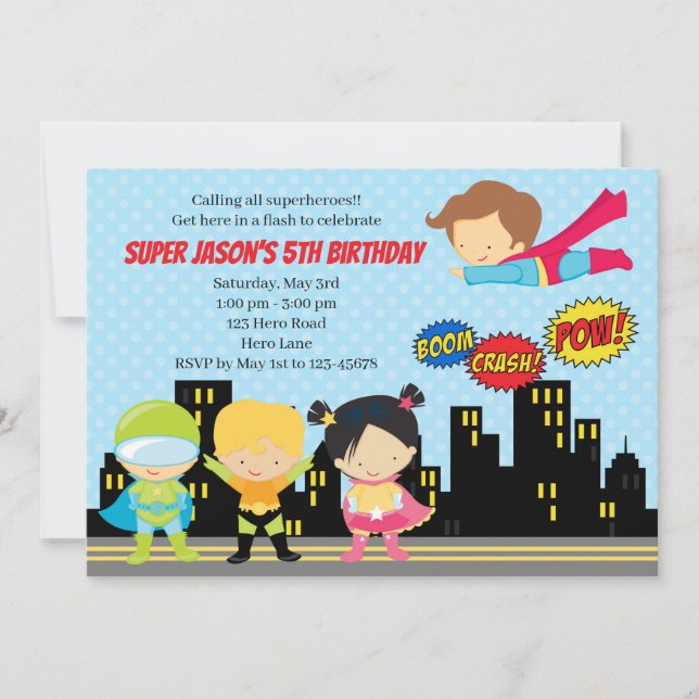 Invitations d'anniversaire de super héros (Devant)