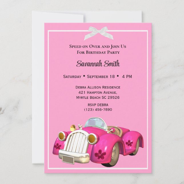 Invitations d'anniversaire de voiture rose (Devant)