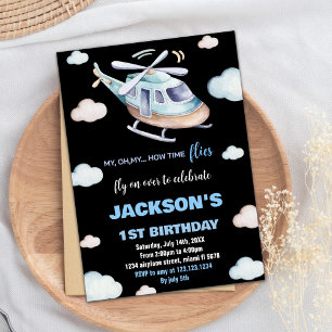Invitations d'anniversaire d'hélicoptère gris bleu