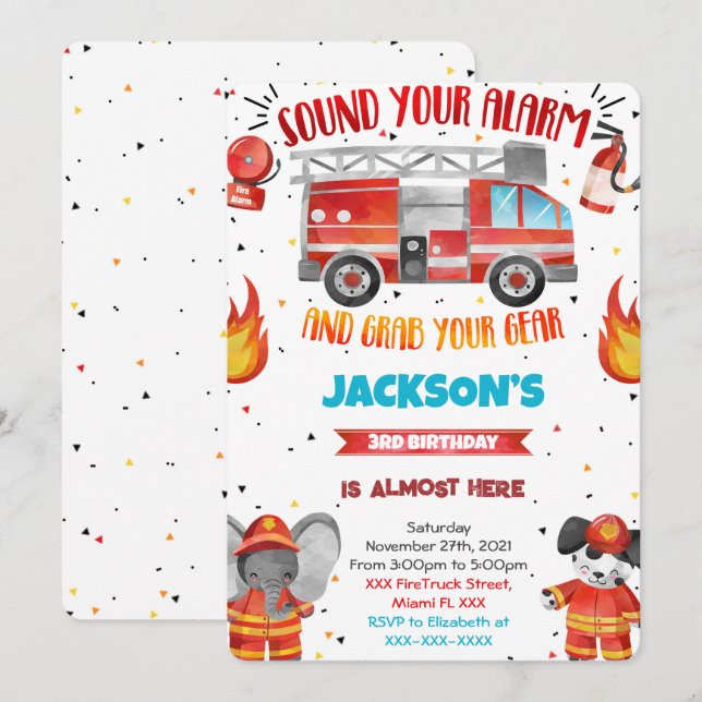 Invitations d'anniversaire du camion-feu modifiabl (Devant / Derrière)