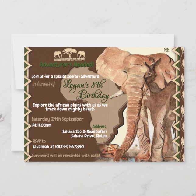 Invitations d'anniversaire du safari éléphant (Devant)