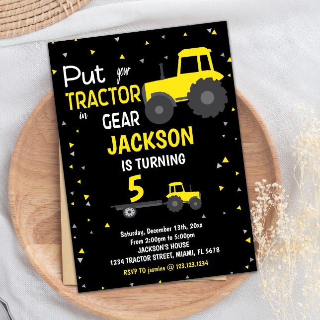 Invitations d'anniversaire du tracteur jaune noir (Black Yellow Tractor Birthday Invitations)