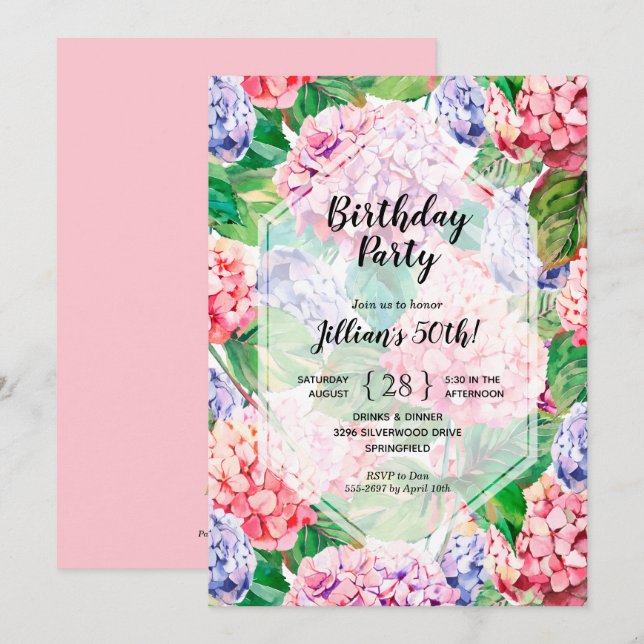 Invitations d'anniversaire florales élégantes (Devant / Derrière)