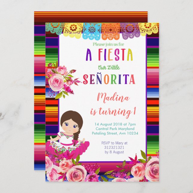 Invitations d'anniversaire florales mexicaines (Devant / Derrière)