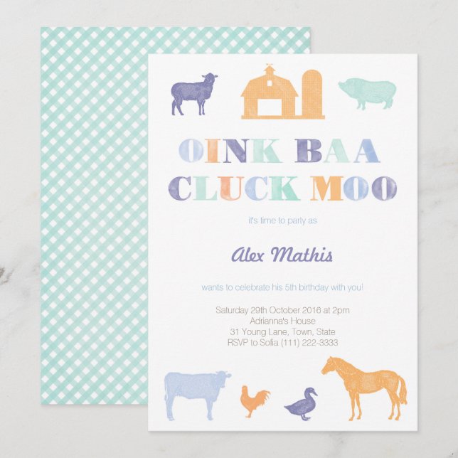 invitations d'anniversaire garçon, fête de la ferm (Devant / Derrière)