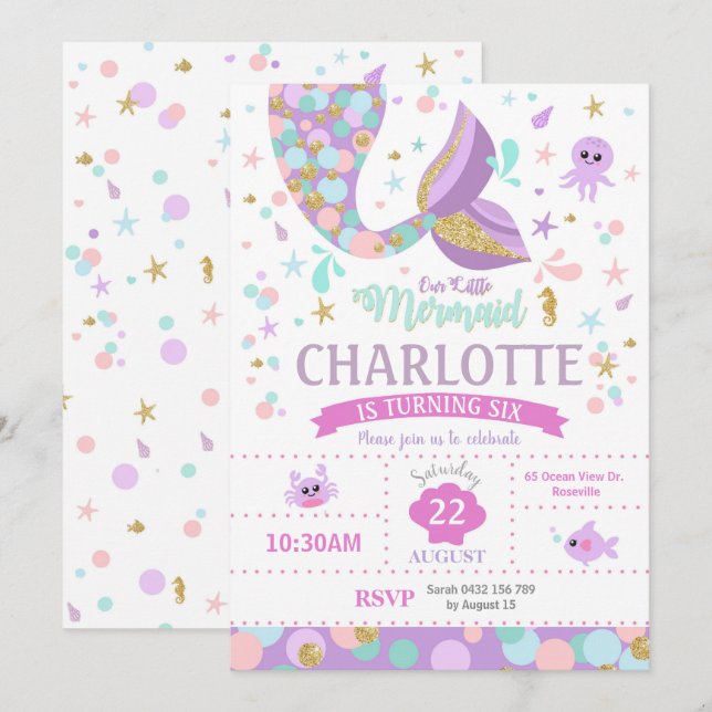 Invitations d'anniversaire Mermaid (Devant / Derrière)