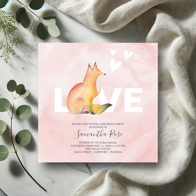 Invitations d'anniversaire mignonne rose renard (Birthday party invitations watercolor fox art by Victoria Grigaliunas of Do Tell A Belle)