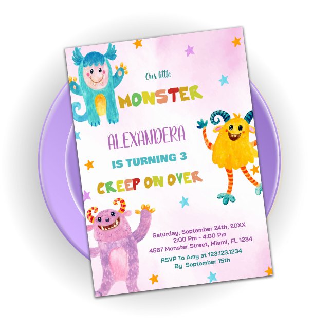 Invitations d'anniversaire Monster rose violet (Monster Birthday Invitations pink purple)