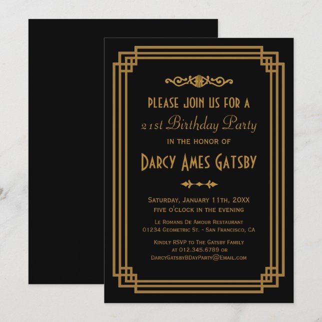 Invitations d'anniversaire noir Art déco simple (Devant / Derrière)