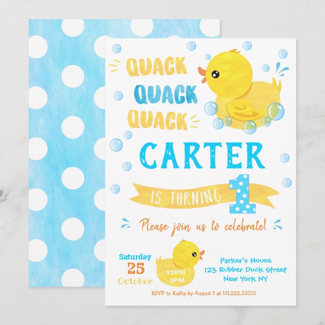 Invitations d'anniversaire pour le canard en caout (Devant / Derrière)