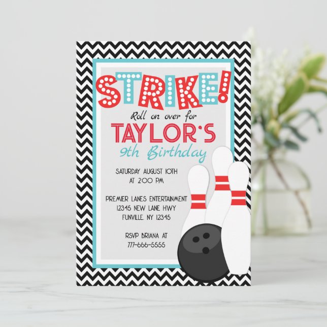 Invitations d'anniversaire Retro Chevron Bowling (Debout devant)
