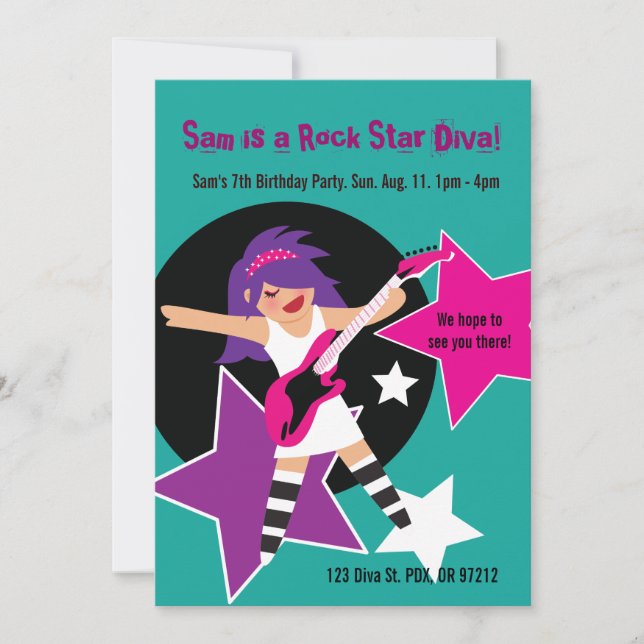 Invitations d'anniversaire Rock Star Diva (Devant)