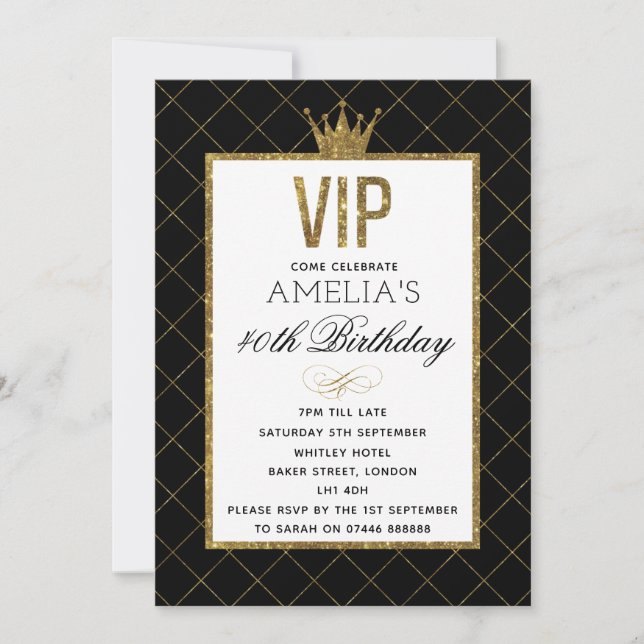 INVITATIONS d'anniversaire VIP Gold et Black Parti (Devant)