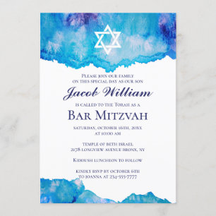 Invitations d'aquarelle bleu de bar juif Mitzvah