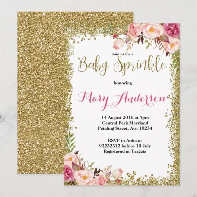 Invitations d'arrosage pour bébé rose (Devant / Derrière)
