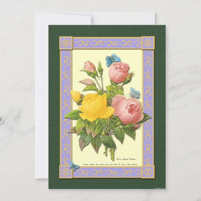 Invitations d'art botanique de roses jaunes et ros (Devant)