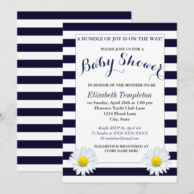Invitations d'Baby shower neutres de la Marine Flo (Devant / Derrière)