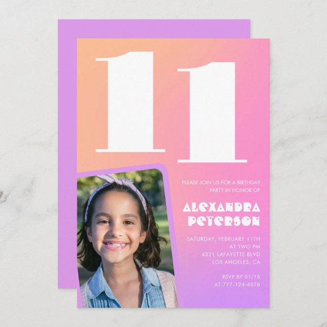 Invitations de 11e anniversaire de Pink Orange Ret (Devant / Derrière)