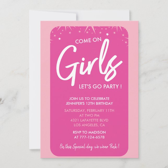 Invitations de 12e anniversaire rose Fille branché (Devant)