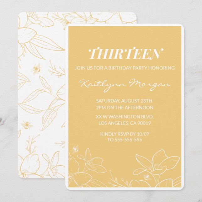 Invitations de 13e anniversaire moderne Floral Jau (Devant / Derrière)