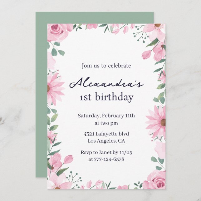 Invitations de 1er anniversaire Floral Frame Pink  (Devant / Derrière)