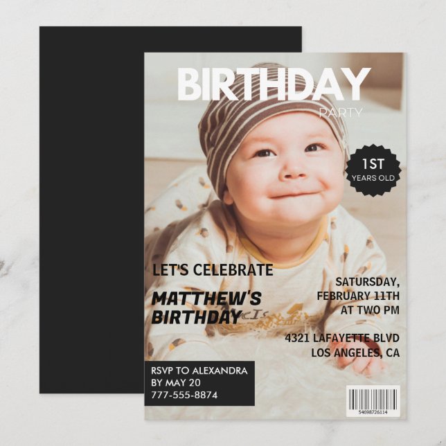 Invitations de 1er anniversaire pour lui Magazine  (Devant / Derrière)