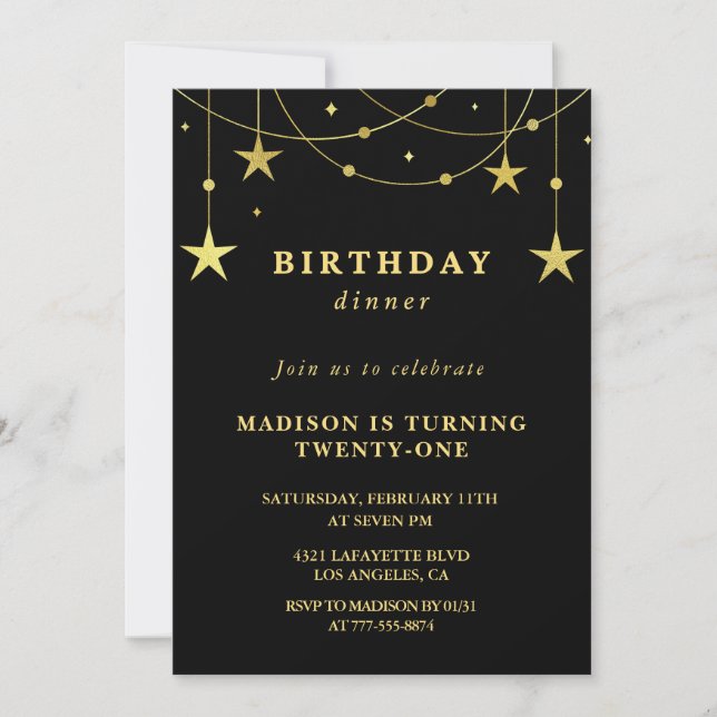 Invitations de 21e anniversaire Black and Gold Sta (Devant)