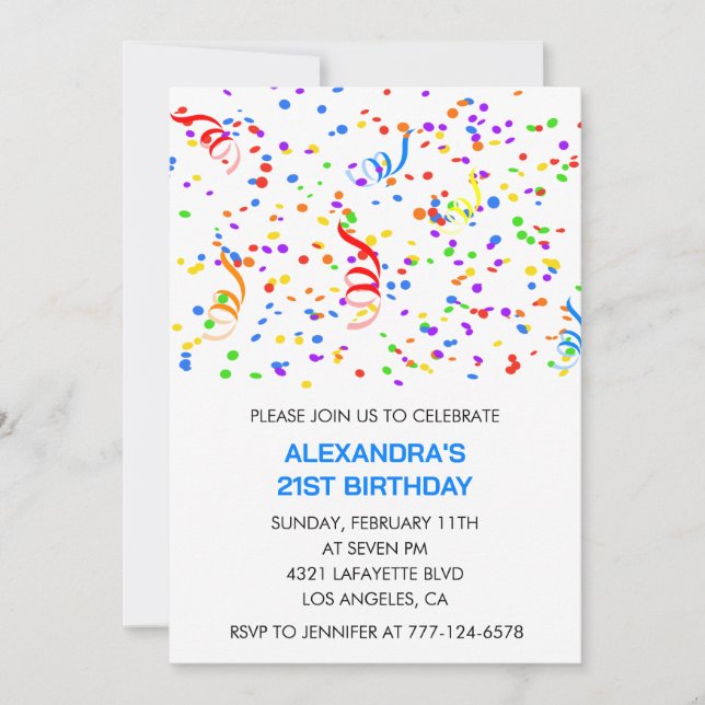 Invitations de 21e anniversaire Blue Confetti Rain (Devant)
