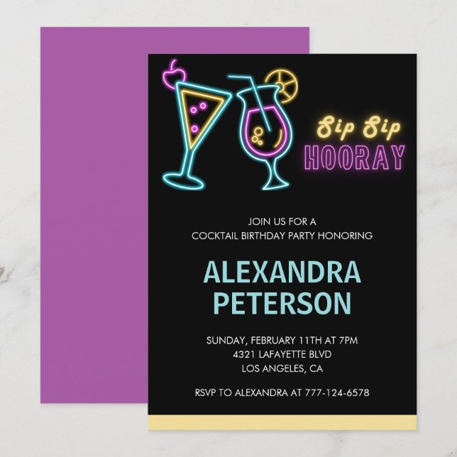 Invitations de 21e anniversaire Cocktail Neon Glow (Devant / Derrière)