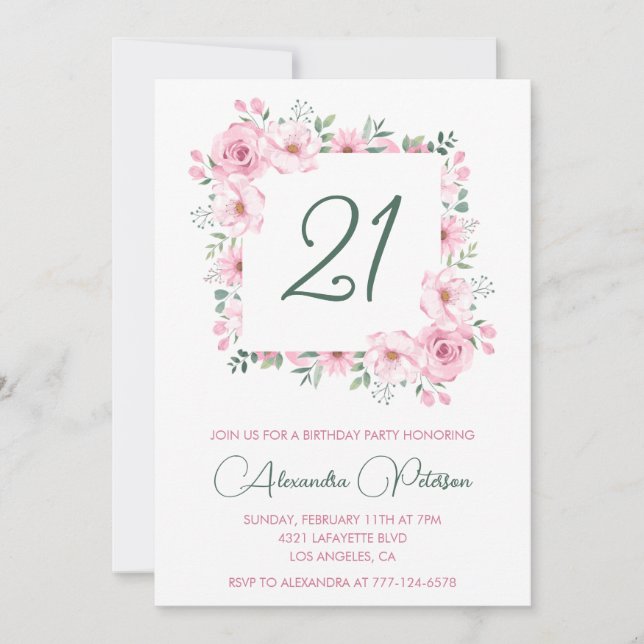 Invitations de 21e anniversaire Floral Elegant Pin (Devant)