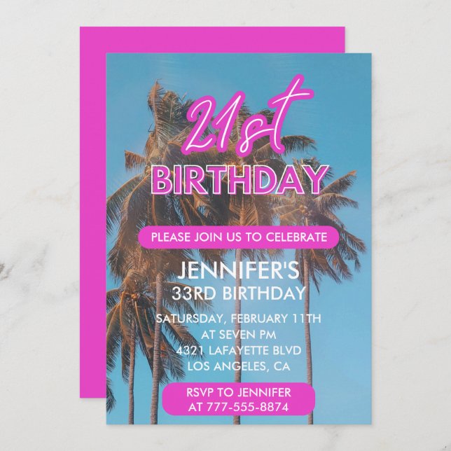 Invitations de 21e anniversaire Pink Tropical (Devant / Derrière)