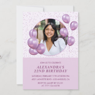 Invitations de 22e anniversaire Ballons Photo Purp